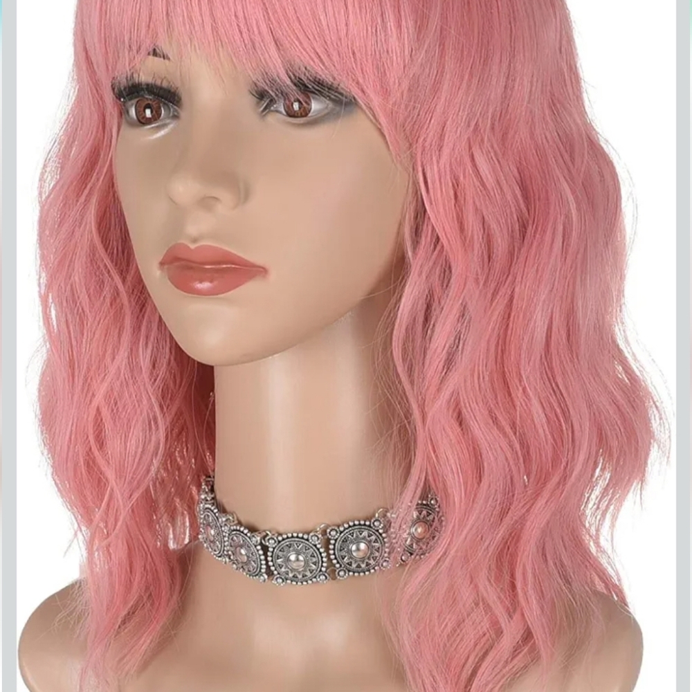 16" Pink Wig With Bangs